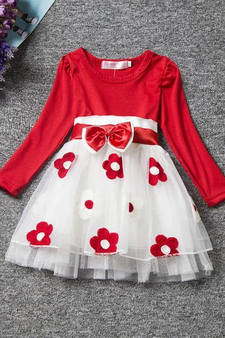 Infant Children Baby Girls Clothes Princess Bow Flower Printed Bow Long Sleeve Party Tulle Tutu Dress 
