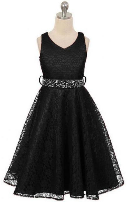 Lace Flower Girls Dress Children Clothing Beaded Party Princess Baby Kids Prom Party Dress Teen Costume Black