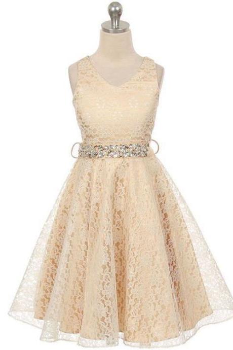 Lace Flower Girls Dress Children Clothing Beaded Party Princess Baby Kids Prom Party Dress Teen Costume Champagne