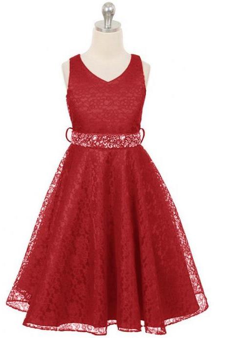 Lace Flower Girls Dress Children Clothing Beaded Party Princess Baby Kids Prom Party Dress Teen Costume dark red