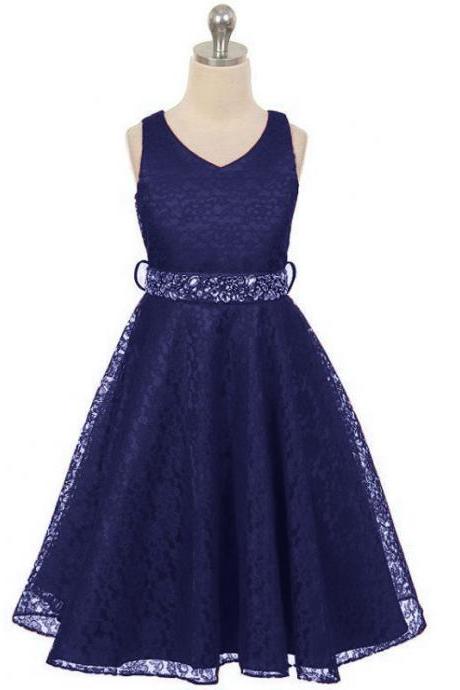 Lace Flower Girls Dress Children Clothing Beaded Party Princess Baby Kids Prom Party Dress Teen Costume Navy Blue