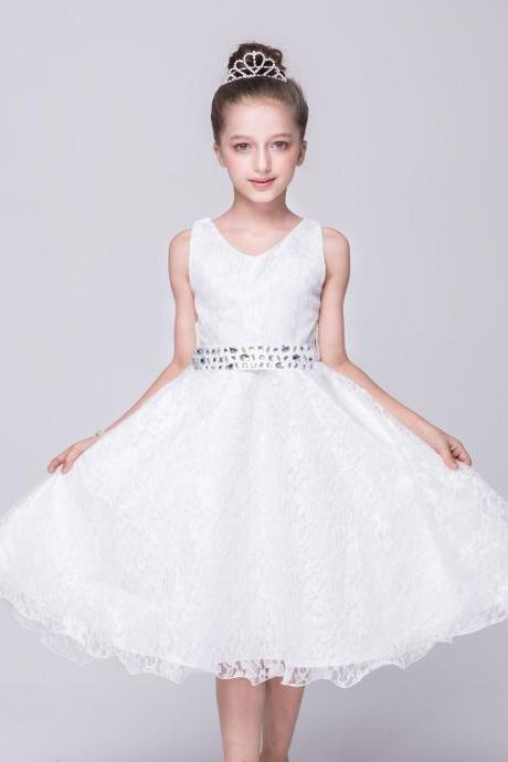 Lace Flower Girls Dress Children Clothing Beaded Party Princess Baby Kids Prom Party Dress Teen Costume off white