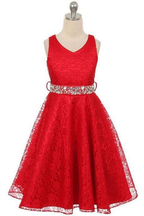 Lace Flower Girls Dress Children Clothing Beaded Party Princess Baby Kids Prom Party Dress Teen Costume Red