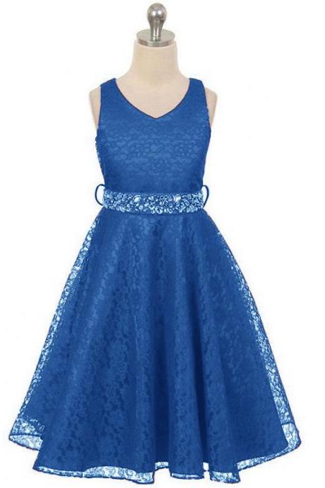 Lace Flower Girls Dress Children Clothing Beaded Party Princess Baby Kids Prom Party Dress Teen Costume Royal Blue