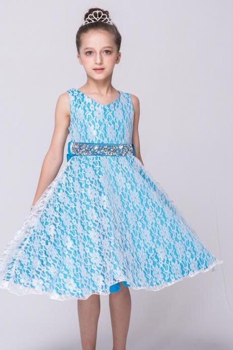 Lace Flower Girls Dress Children Clothing Beaded Party Princess Baby Kids Prom Party Dress Teen Costume Sky Blue