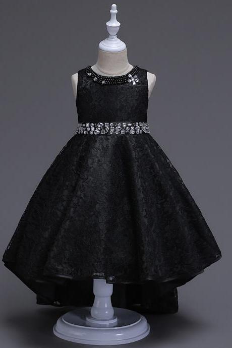 Lace Flower Girls Dress Kids Children Teens Clothes Party Gown Wedding Bridesmaid Asymmetrical Prom Princess Dress Black