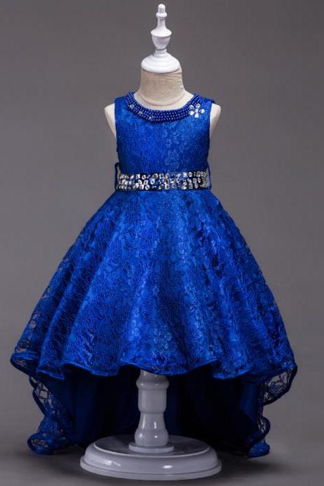 Lace Flower Girls Dress Kids Children Teens Clothes Party Gown Wedding Bridesmaid Asymmetrical Prom Princess Dress Blue