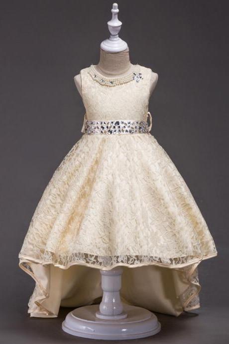 Lace Flower Girls Dress Kids Children Teens Clothes Party Gown Wedding Bridesmaid Asymmetrical Prom Princess Dress Champagne