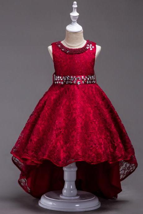 Lace Flower Girls Dress Kids Children Teens Clothes Party Gown Wedding Bridesmaid Asymmetrical Prom Princess Dress Dark Red