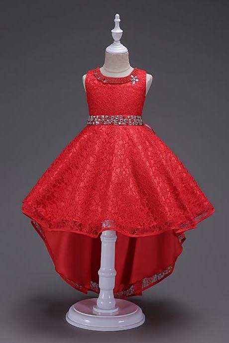 Lace Flower Girls Dress Kids Children Teens Clothes Party Gown Wedding Bridesmaid Asymmetrical Prom Princess Dress Red