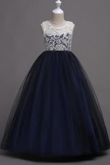Teens Flower Girls Dress Lace Kids Long Evening Party Prom Wedding Gown Bridesmaid Outfits Children Clothes navy blue