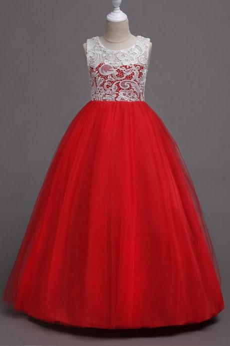 Teens Flower Girls Dress Lace Kids Long Evening Party Prom Wedding Gown Bridesmaid Outfits Children Clothes red
