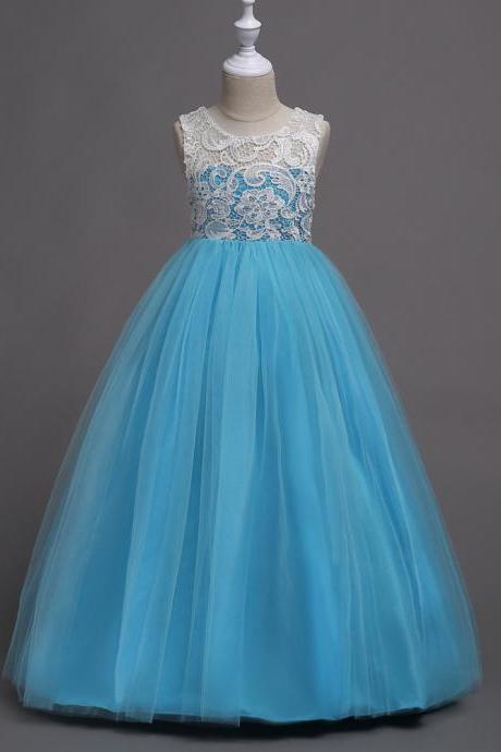 Teens Flower Girls Dress Lace Kids Long Evening Party Prom Wedding Gown Bridesmaid Outfits Children Clothes sky blue