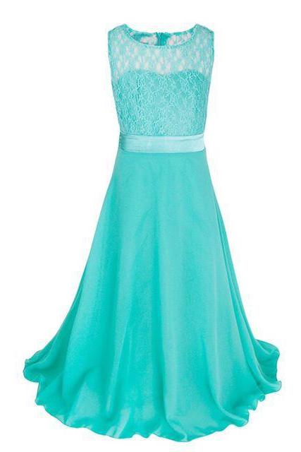Lace Flower Girls Dress Party Wedding Bridesmaid Floral Kids Clothes Formal Long Maxi Dress Aqua