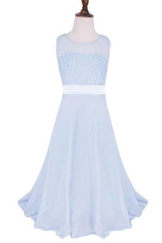 Lace Flower Girls Dress Party Wedding Bridesmaid Floral Kids Clothes Formal Long Maxi Dress Baby Blue