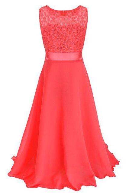 Lace Flower Girls Dress Party Wedding Bridesmaid Floral Kids Clothes Formal Long Maxi Dress coral