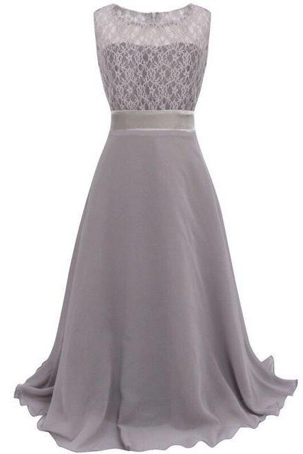 Lace Flower Girls Dress Party Wedding Bridesmaid Floral Kids Clothes Formal Long Maxi Dress Gray