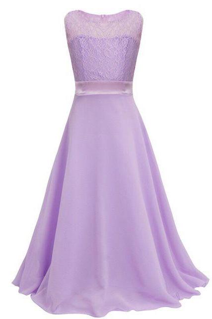 Lace Flower Girls Dress Party Wedding Bridesmaid Floral Kids Clothes Formal Long Maxi Dress Lilac