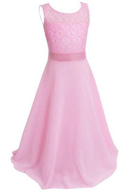 Lace Flower Girls Dress Party Wedding Bridesmaid Floral Kids Clothes Formal Long Maxi Dress Pink