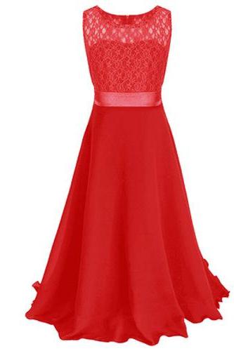 Lace Flower Girls Dress Party Wedding Bridesmaid Floral Kids Clothes Formal Long Maxi Dress Red