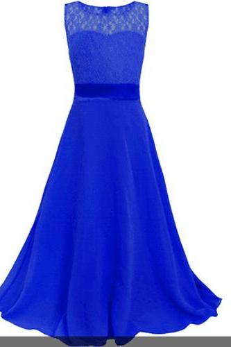 Lace Flower Girls Dress Party Wedding Bridesmaid Floral Kids Clothes Formal Long Maxi Dress Royal Blue