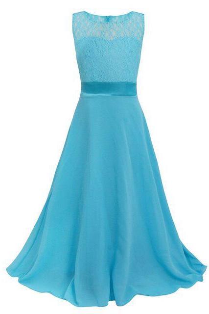 Lace Flower Girls Dress Party Wedding Bridesmaid Floral Kids Clothes Formal Long Maxi Dress Sky Blue