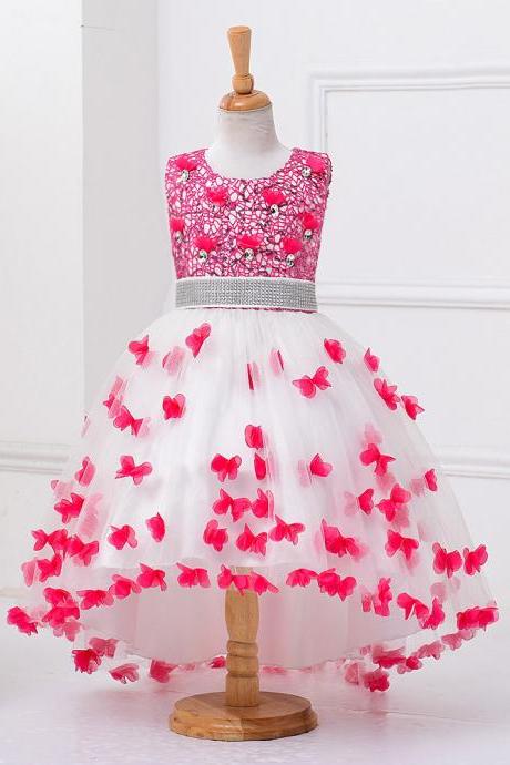 High Low Flower Girl Dress Sequins Trailing Butterfly Wedding Gown Kids Party Prom Children Dress hot pink