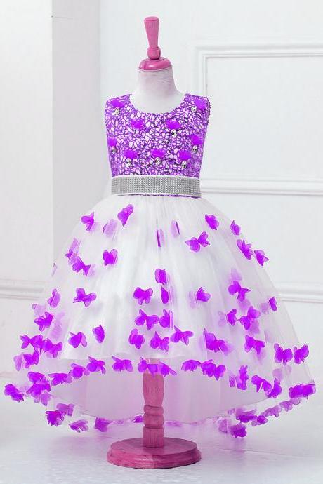 High Low Flower Girl Dress Sequins Trailing Butterfly Wedding Gown Kids Party Prom Children Dress lavender