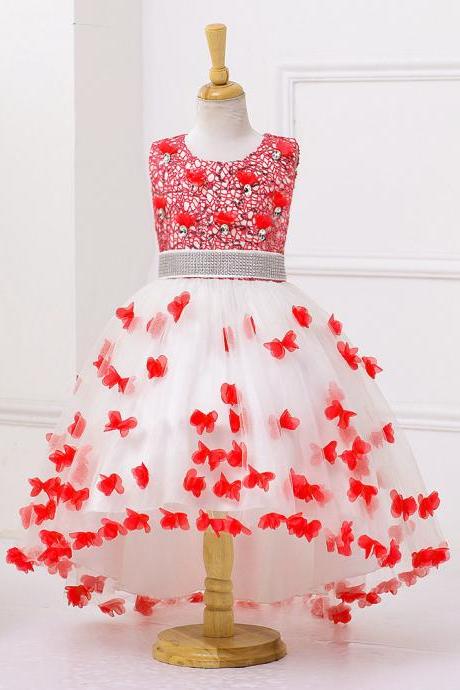 High Low Flower Girl Dress Sequins Trailing Butterfly Wedding Gown Kids Party Prom Children Dress Red