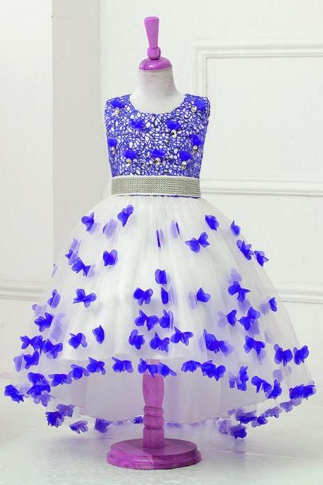 High Low Flower Girl Dress Sequins Trailing Butterfly Wedding Gown Kids Party Prom Children Dress Royal Blue