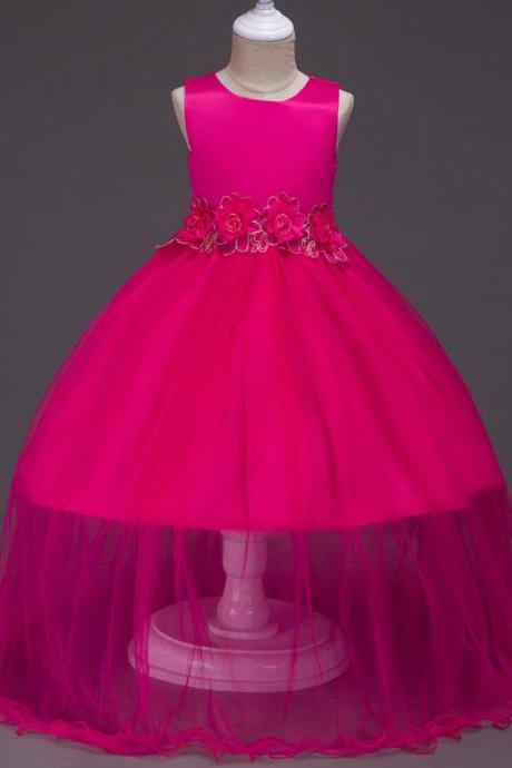 Baby Girls Prom Party Dress Evening Wear Long Tail Elegant Flower Girl Dress Baby Kids Clothes Hot Pink