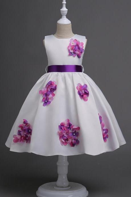 Teen Girls Dress Princess Flower Girl Dress Baby Children Kids Clothes Belted Party Prom Birthday Tutu Dress Purple