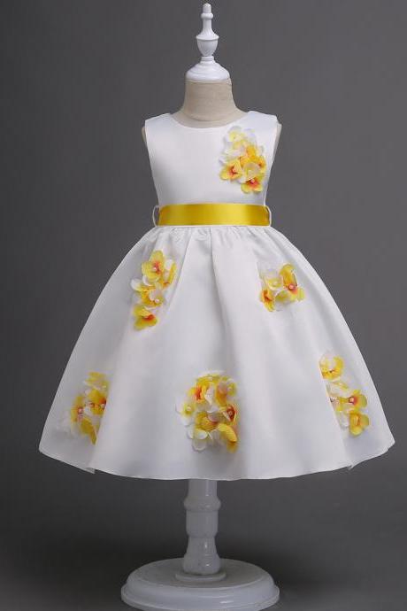 Teen Girls Dress Princess Flower Girl Dress Baby Children Kids Clothes Belted Party Prom Birthday Tutu Dress Yellow
