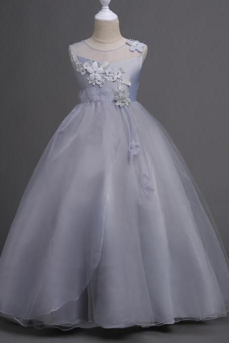 Kids Teen Girls Wedding Flower Girl Dress Princess Floral Party Pageant Formal Wear Sleeveless Long Dress Gray