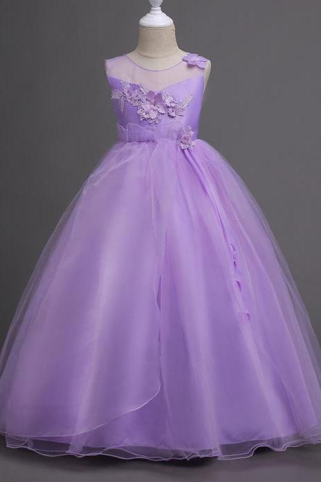 Kids Teen Girls Wedding Flower Girl Dress Princess Floral Party Pageant Formal Wear Sleeveless Long Dress Lilac