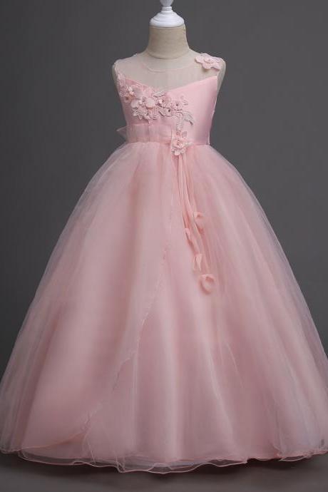 Kids Teen Girls Wedding Flower Girl Dress Princess Floral Party Pageant Formal Wear Sleeveless Long Dress Pink