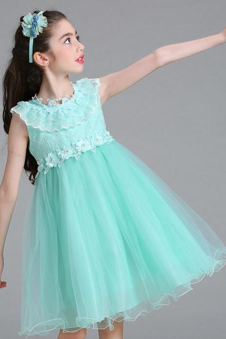 Princess Flower Girl Party Dress Ruffle Lace Wedding Children Kids Formal Prom Tutu Toddler Clothes Mint