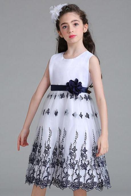 Embroiderey Lace Flower Girls Dress Bow Tie Wedding Pageant Princess Birthday Party Wear Children White
