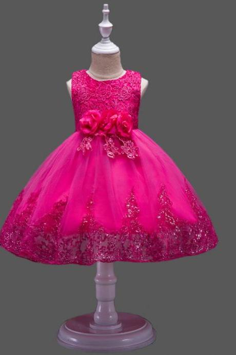 Princess Flower Girl Dress Wedding Party Prom Teens Bridesmaid Kids Clothes Sleeveless Lace Tutu Dress Hot Pink