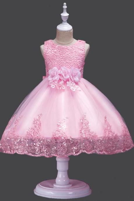 Princess Flower Girl Dress Wedding Party Prom Teens Bridesmaid Kids Clothes Sleeveless Lace Tutu Dress Pink