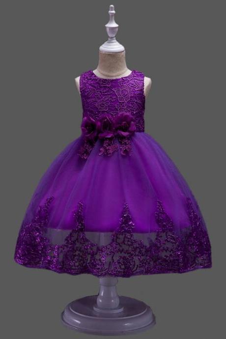 Princess Flower Girl Dress Wedding Party Prom Teens Bridesmaid Kids Clothes Sleeveless Lace Tutu Dress Purple