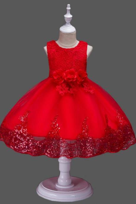 Princess Flower Girl Dress Wedding Party Prom Teens Bridesmaid Kids Clothes Sleeveless Lace Tutu Dress Red