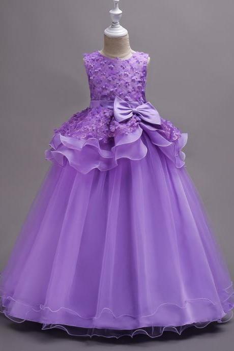 Top Quality Princess Flower Girls Dress Teenager Kids Performance Clothes Layered Long Prom Party Formal Gown purple
