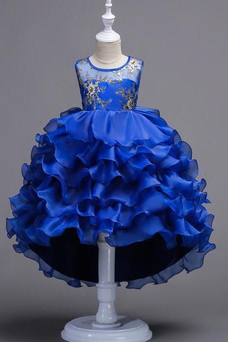 Short Front Long Back High Low Lace Flower Girls Dress Ruffles Junior Kids Tailing Party Pageant Gowns Children Clothes blue