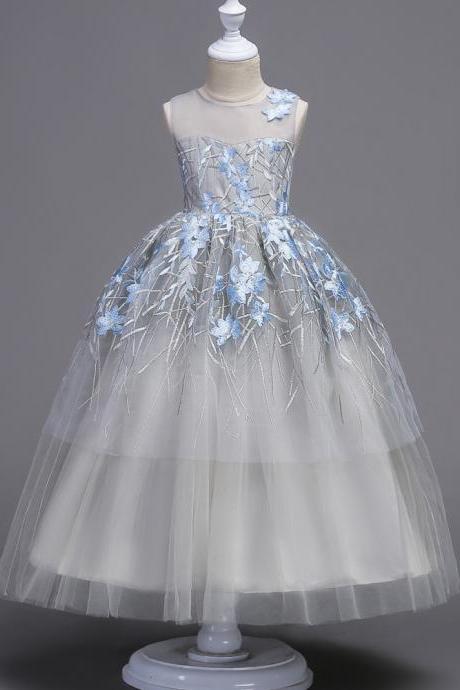  Flower Girls Dress Baby Kids Princess Formal Birthday Pageant Holiday Wedding Bridesmaid Ball Gown Embroidery Teenager Children Clothes sky blue