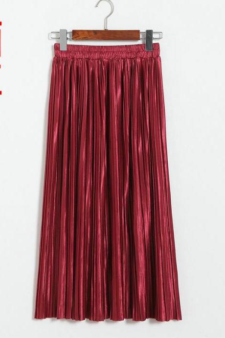 Dark Red Faux Leather Elasticised High Rise Pleated Midi Skirt
