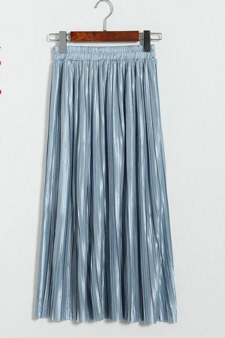 Women Metallic Tutu Midi Skirt Elestic High Waist Log Pleated Skirt Party Club Ladies Saia Fenimias Water Blue