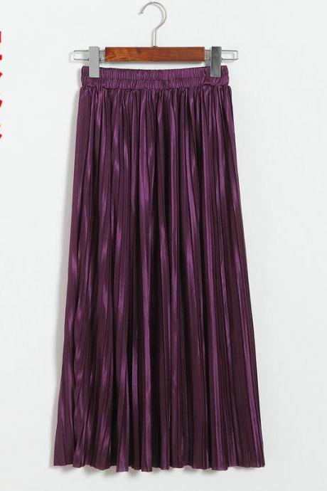 Women Metallic Tutu Midi Skirt Elestic High Waist Log Pleated Skirt Party Club Ladies Saia Fenimias dark purple