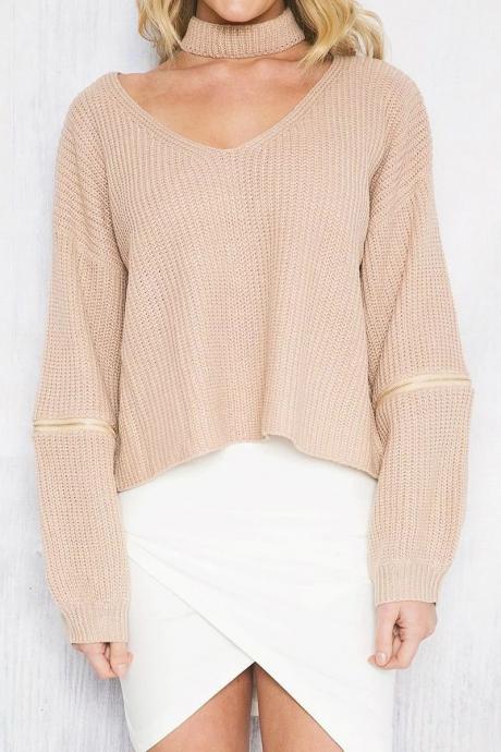 Winter Halter Knitted Warm Sweater Casual Loose Open Zipper Sleeve Pull Femme Autumn Tricot Short Pullover Jumper khaki