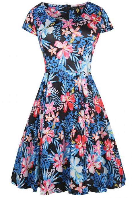 Women Retro Dress V Neck Short Sleeve Floral Print Vintage 50s 60s Rockabilly Party Big Swing Dress 2#